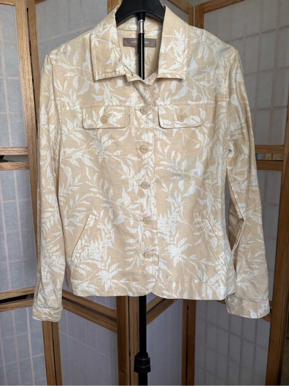 Croft & Barrow Tan/White Leaf Print Lightweight Jacket Size Small